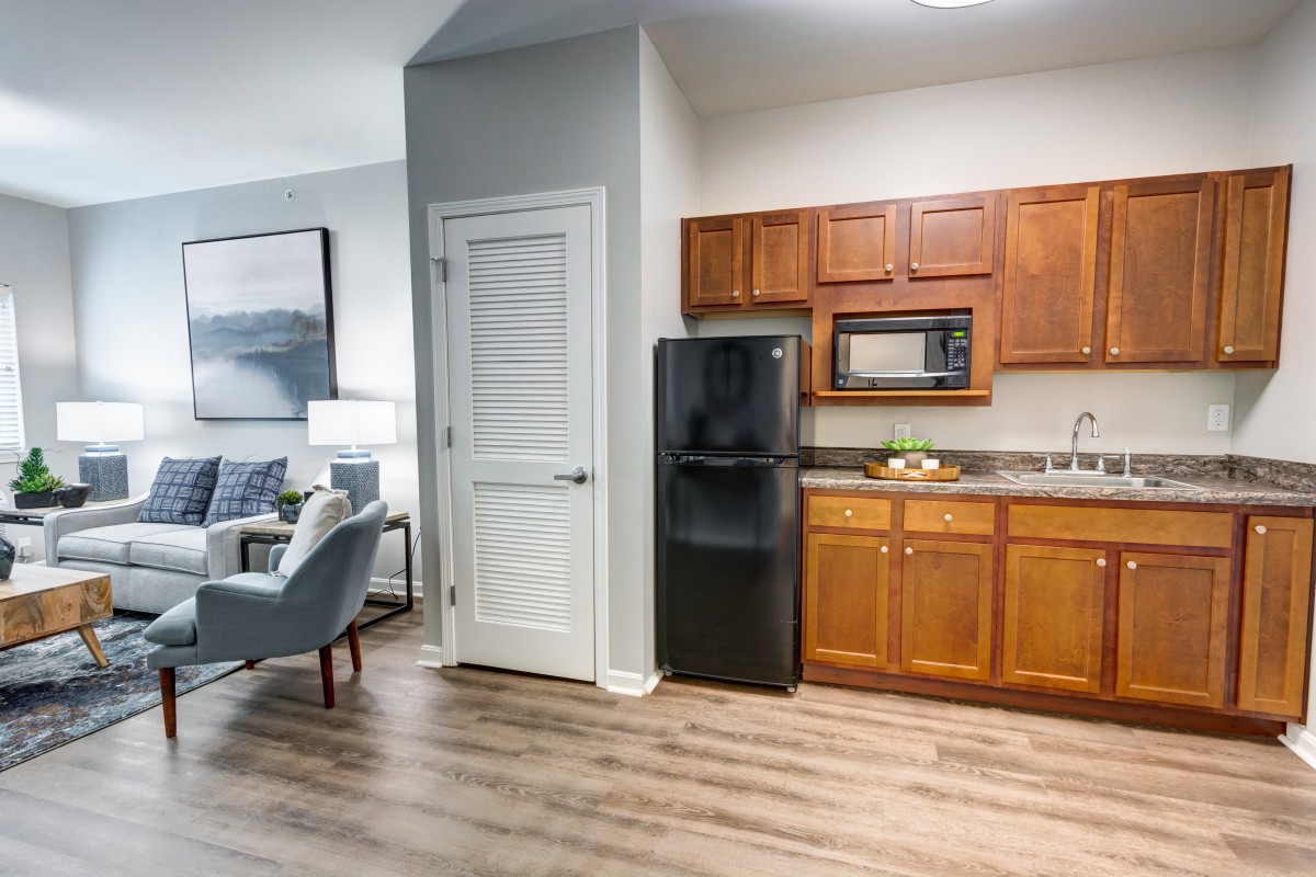 Modern apartment kitchen with adjacent living area and wooden cabinetry.
