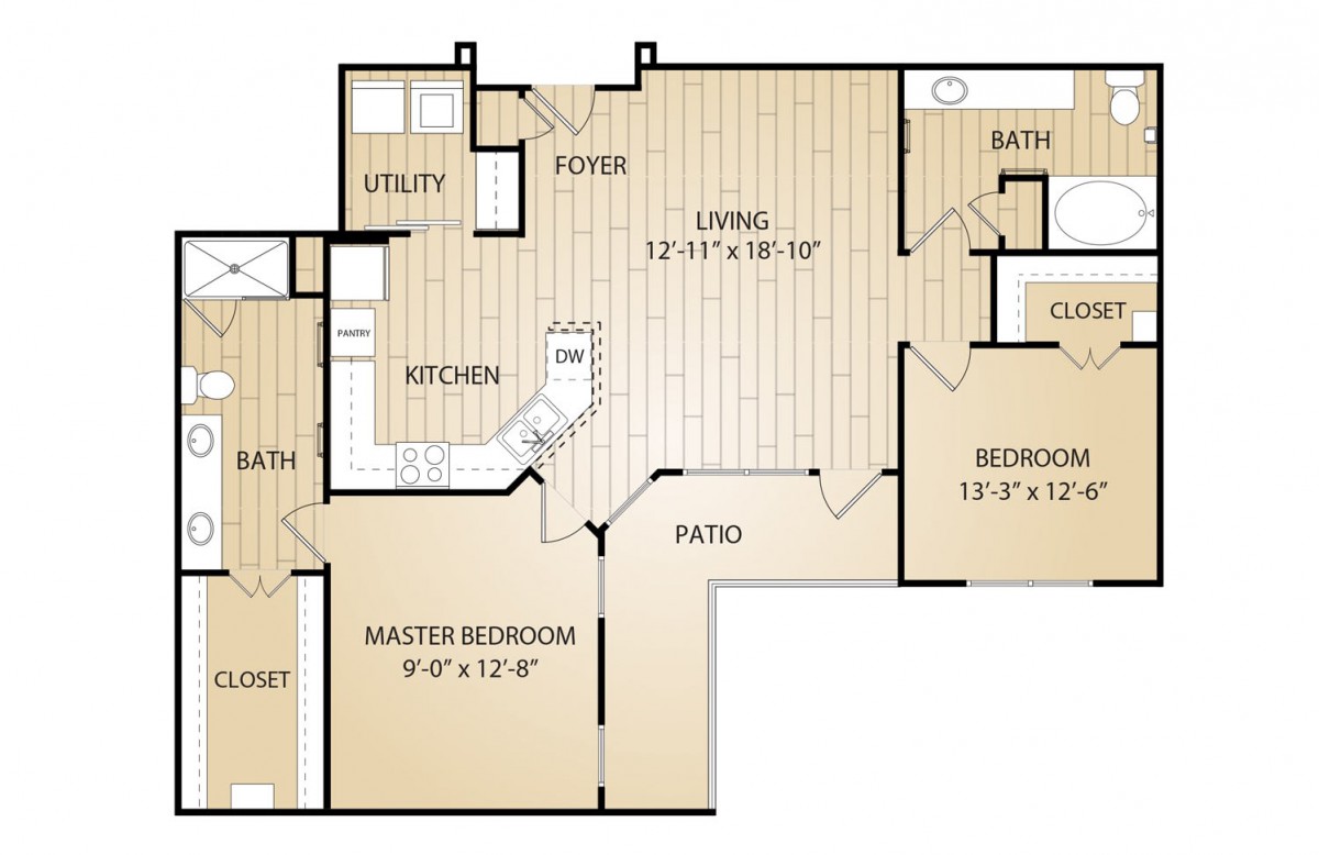 A floor plan of a residential apartment featuring two bedrooms, a living room, a kitchen, two bathrooms, a utility room, and a patio.