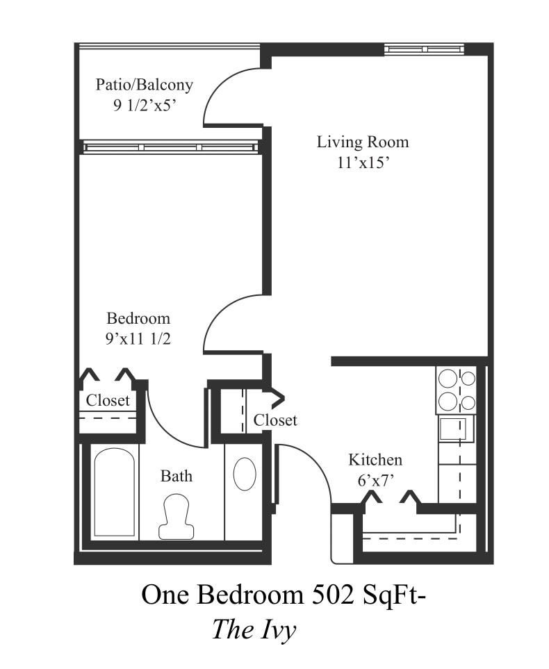 Floor plan of a one-bedroom apartment with an area of 502 square feet.
