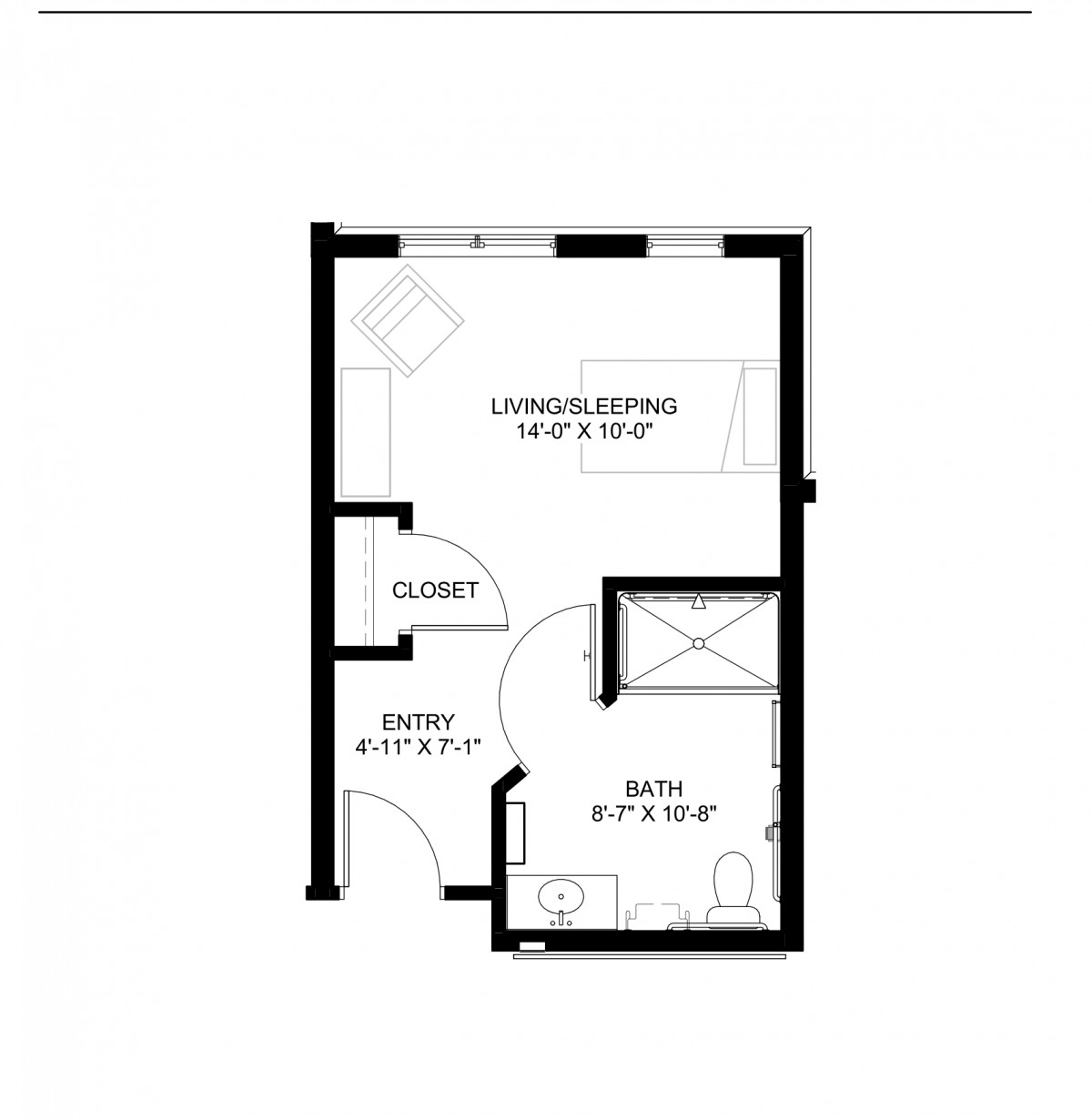 A simple floor plan of a studio apartment with labeled areas for living/sleeping, kitchen, closet, and bathroom.