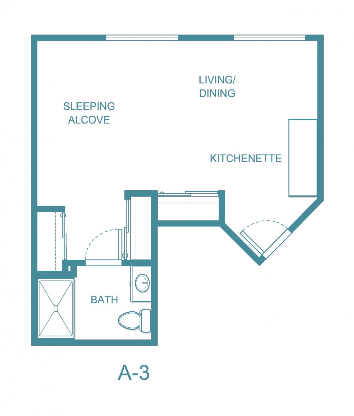 Studio apartment floor plan featuring a sleeping alcove, kitchenette, living area, and bath.