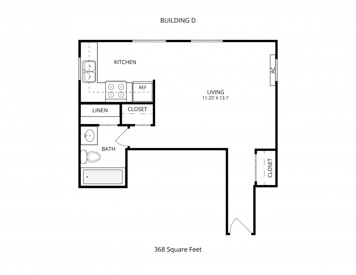 A floor plan of a 560 square foot studio apartment with designated areas for the kitchen, bathroom, closet, and living space.