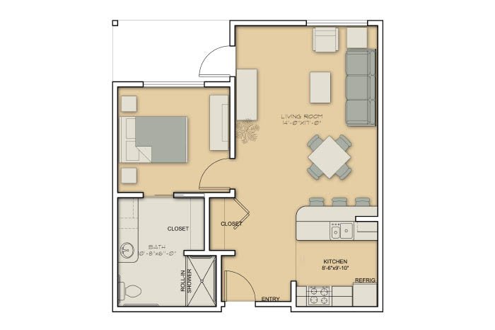 A compact apartment floor plan featuring a living room, kitchen, one bedroom, and a bathroom.