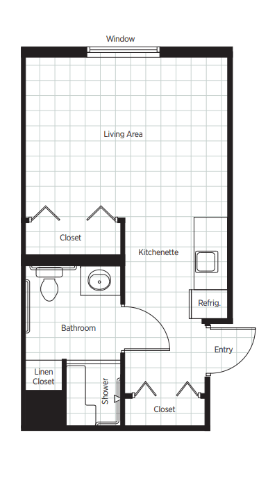 A simple floor plan showing an apartment layout with a living area, kitchen, bathroom, closet, and entryway.