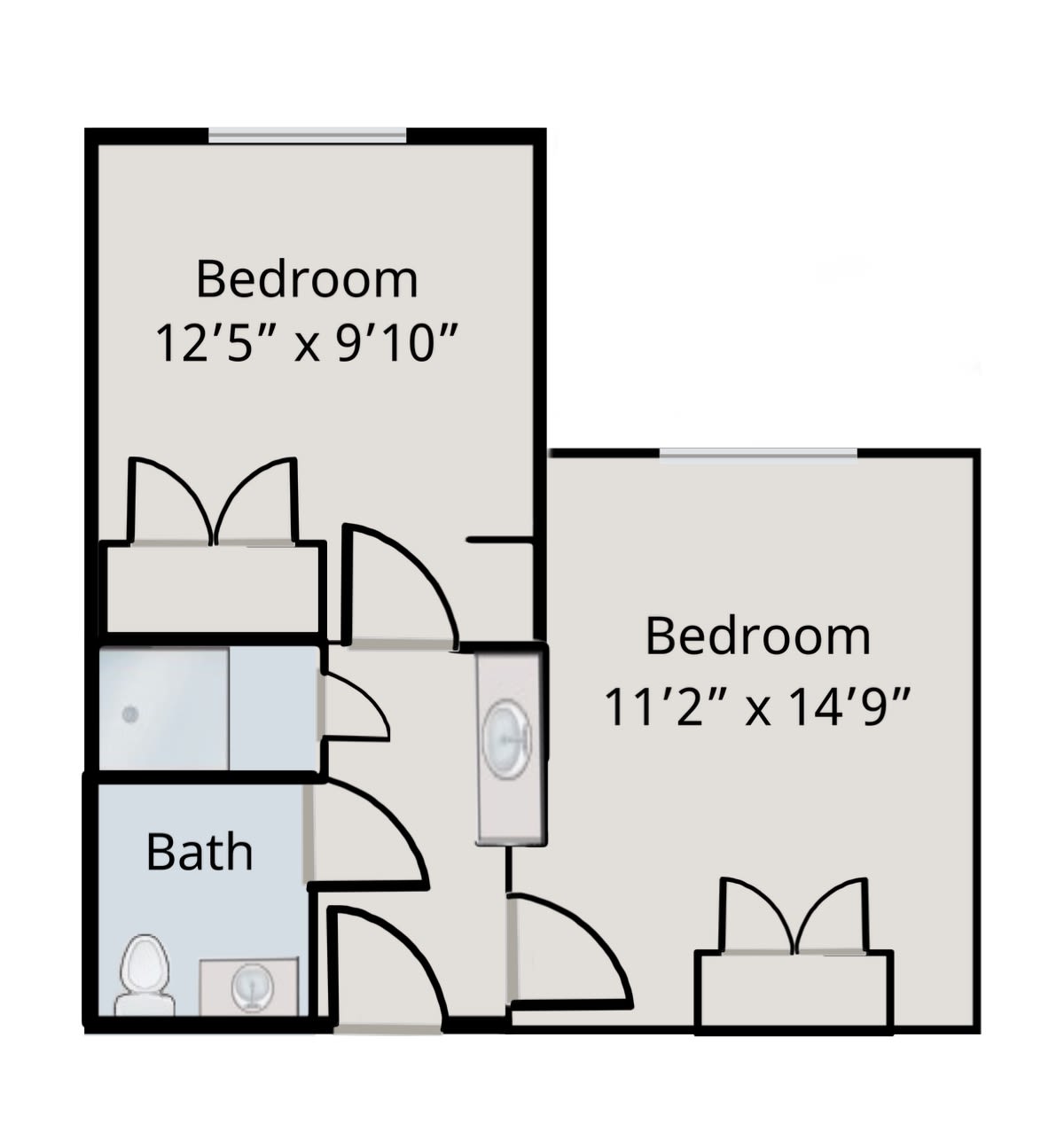 A two-bedroom floor plan layout with a shared bathroom.