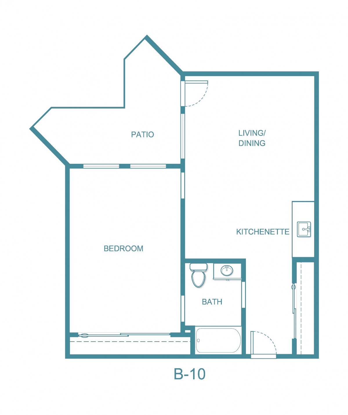 A simple floor plan featuring a one-bedroom apartment with a porch and kitchenette.