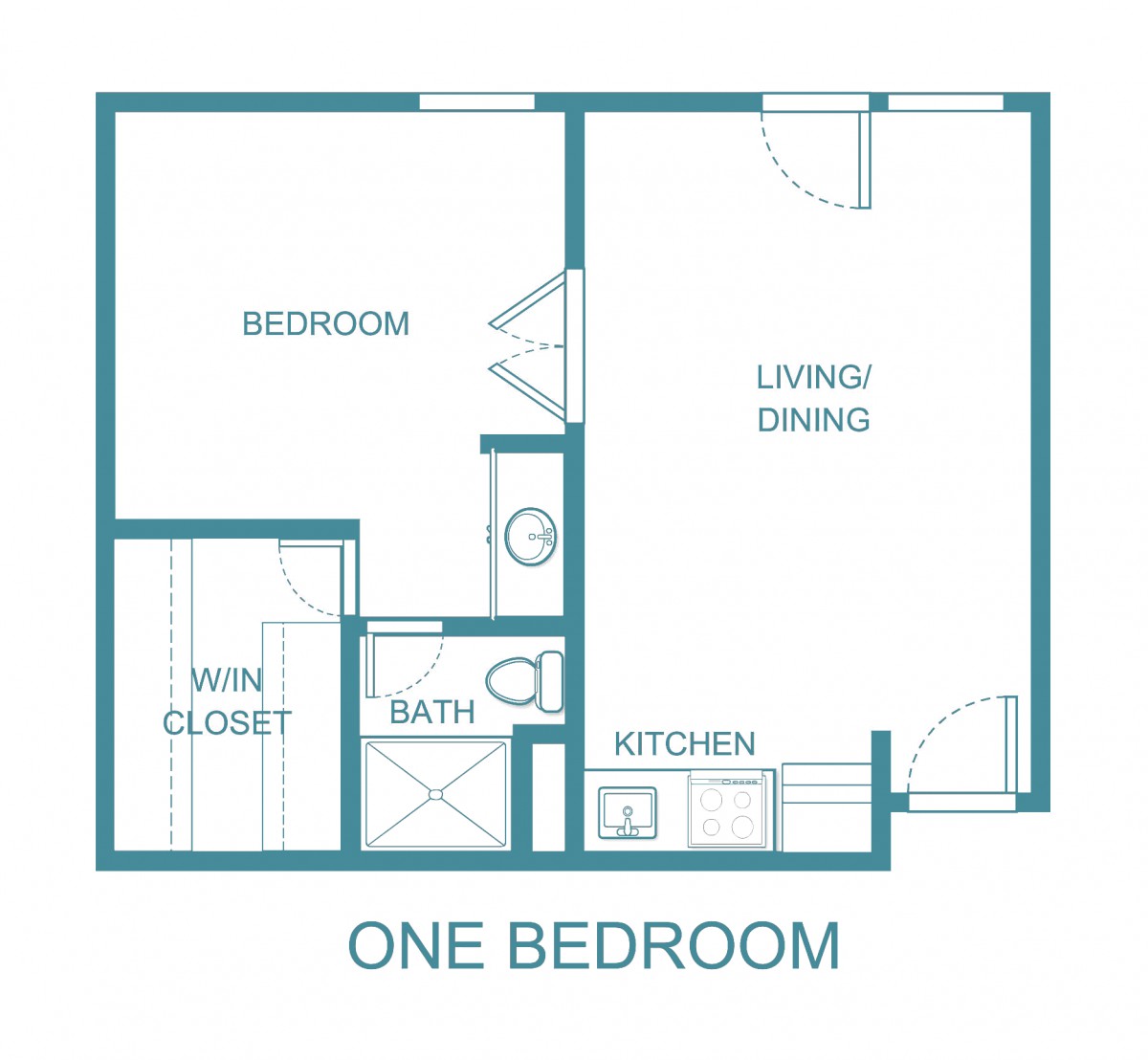 Floor plan of a one-bedroom apartment layout.
