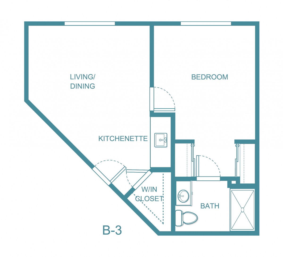 A blueprint of a small apartment featuring a living/dining area, bedroom, kitchenette, and bathroom.