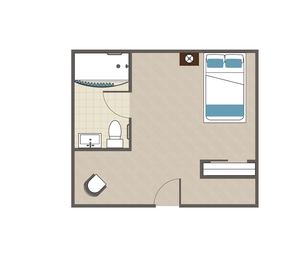 A simple floor plan featuring a bedroom and bathroom layout.