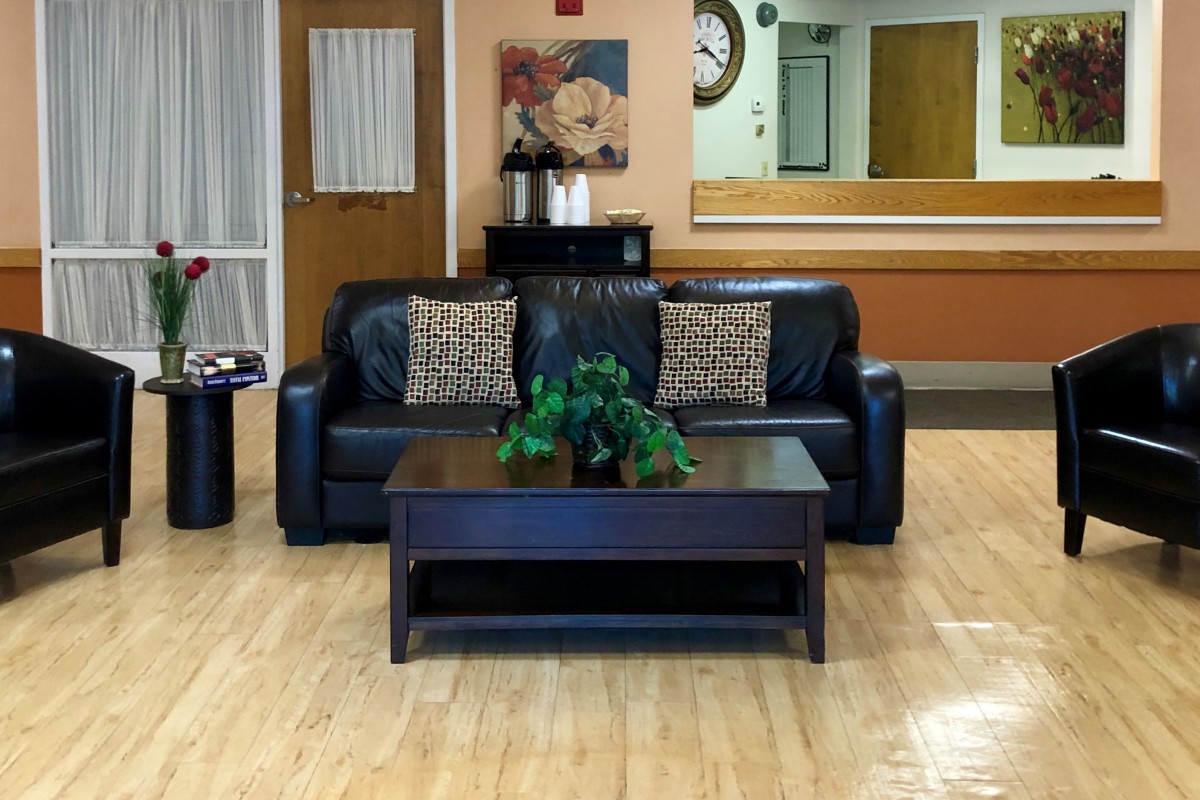 A cozy living room setup featuring a black leather sofa with decorative pillows, a dark wooden coffee table with a plant on top, and a painting on the wall.
