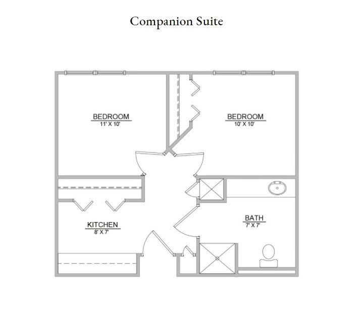 A floor plan of a Companion Suite with two bedrooms and a bathroom.