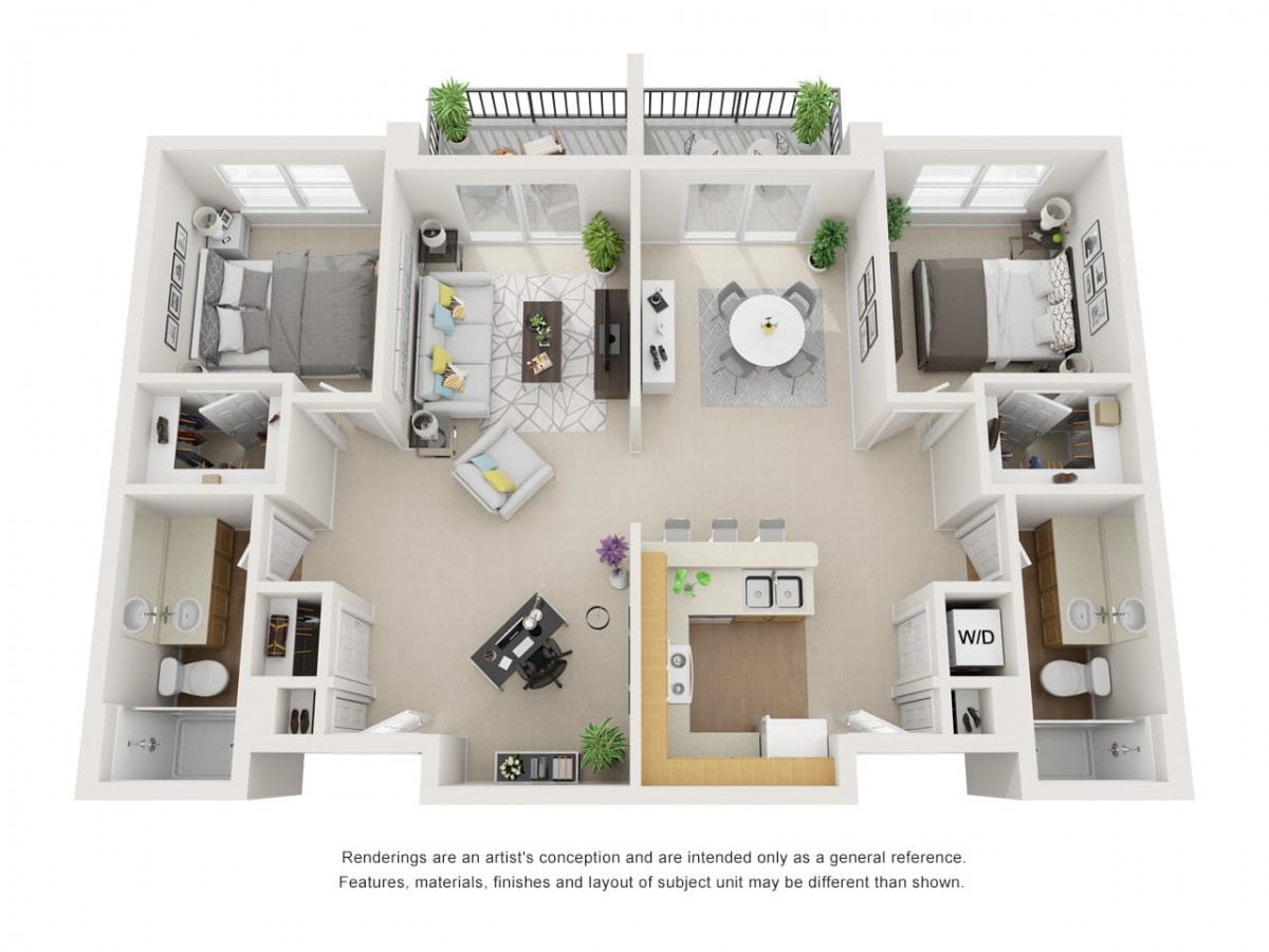 A detailed floor plan of a two-bedroom apartment showcasing modern interior design and furnishings.