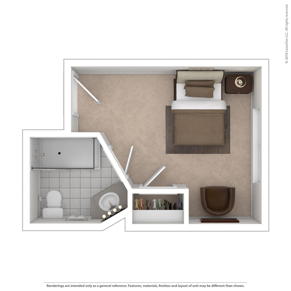 A compact apartment floor plan featuring a bedroom, bathroom, and basic furniture layout.