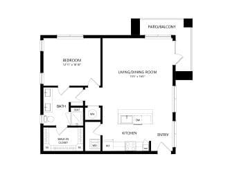 A floor plan of a one-bedroom apartment with a living/dining area, kitchen, bathroom, and balcony.
