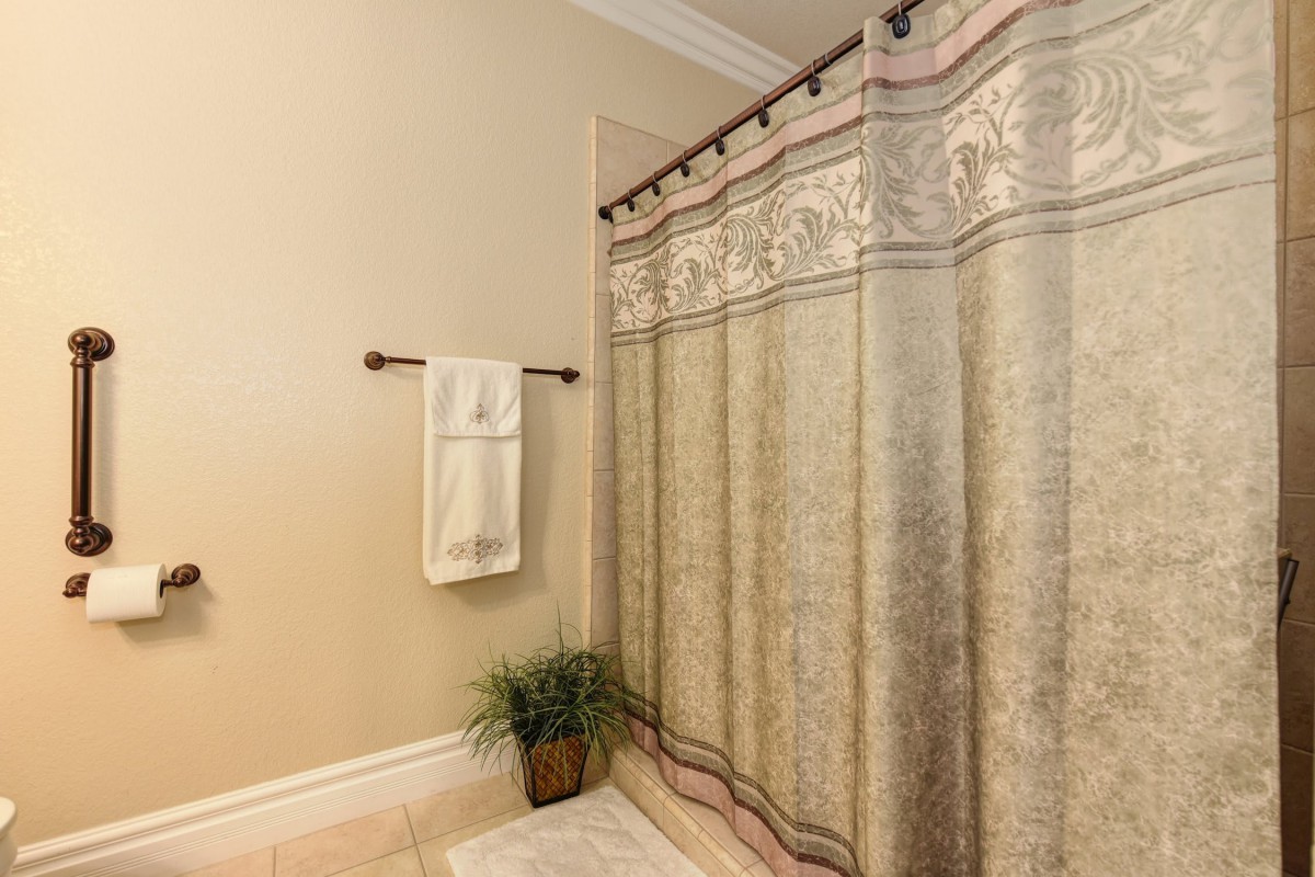 A cozy bathroom with a decorative shower curtain, towel rack, and a potted plant on the floor.
