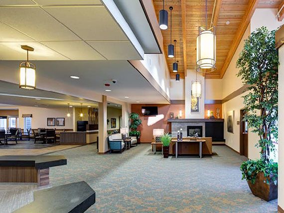 A modern lobby with comfortable seating, warm lighting, and decorative plants.