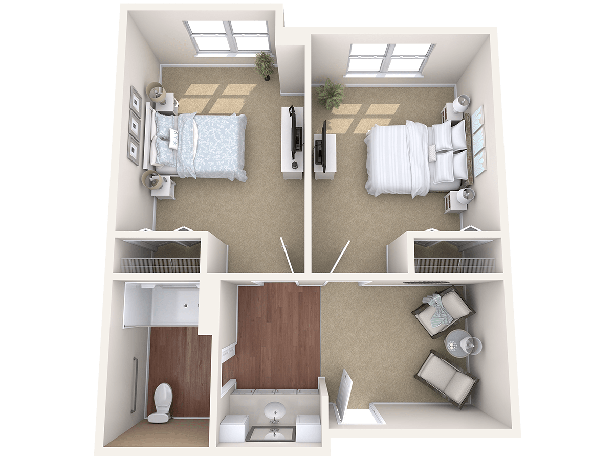 A simple apartment floor plan showcasing two bedrooms, a shared living area, and a bathroom.