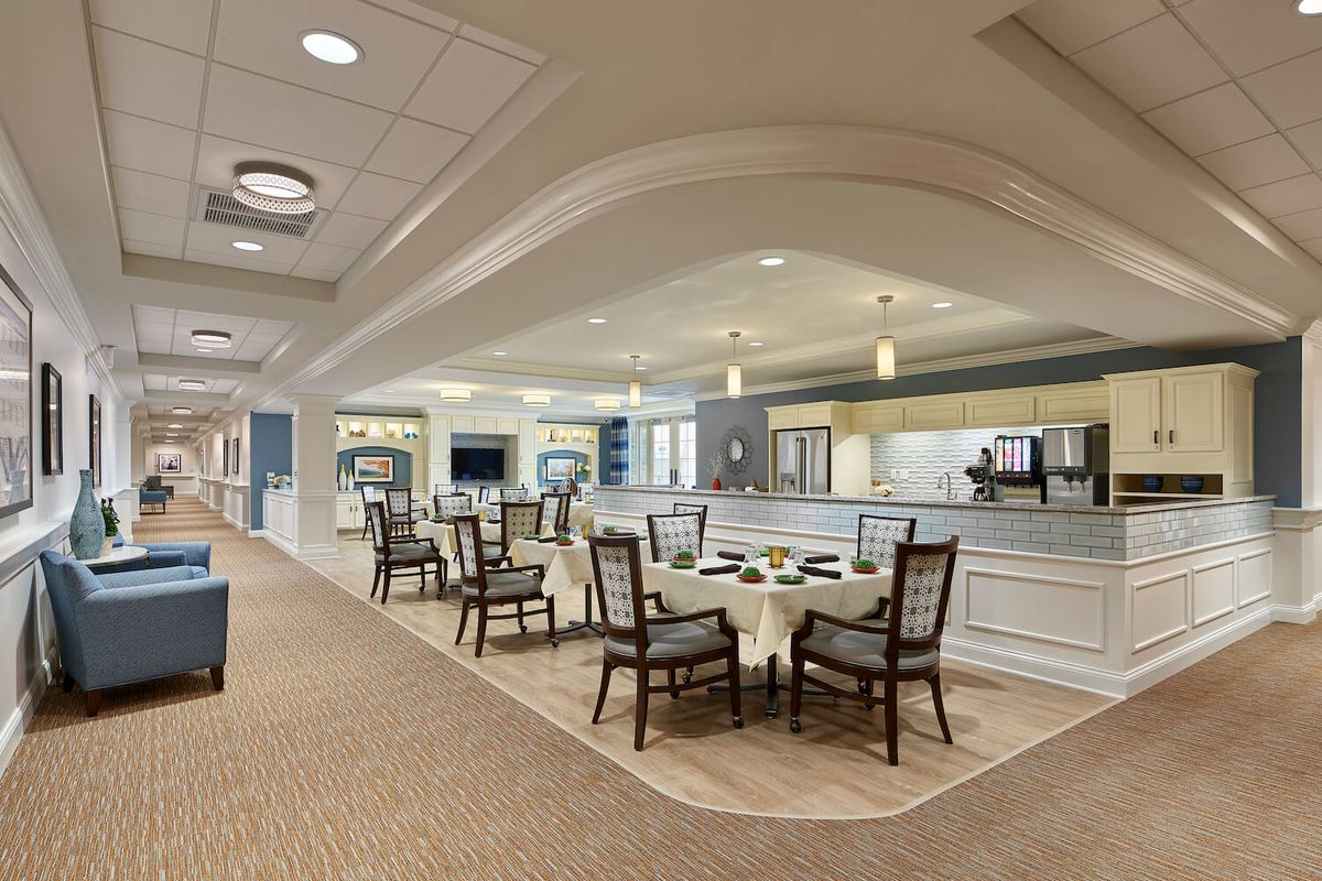 A modern dining area with elegant chairs and tables set on a carpeted floor, illuminated by ceiling lights.