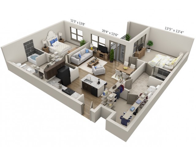 3D rendered floor plan of a modern apartment.
