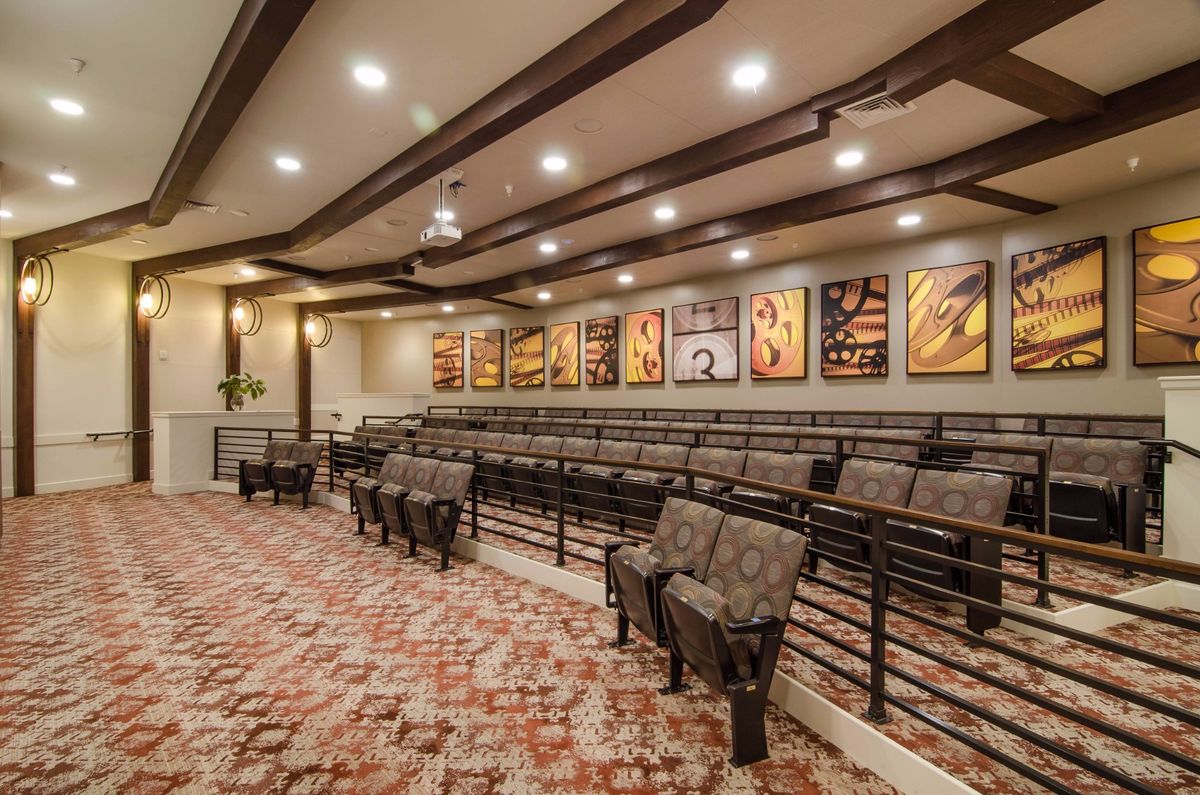 A spacious and well-lit auditorium with comfortable seating and artistic wall decor.