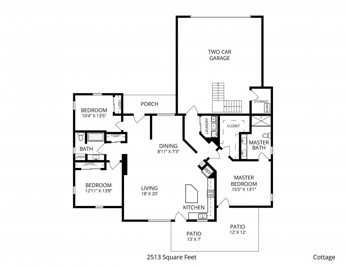 Floor plan of a house featuring three bedrooms, two bathrooms, a kitchen, living room, and a garage.