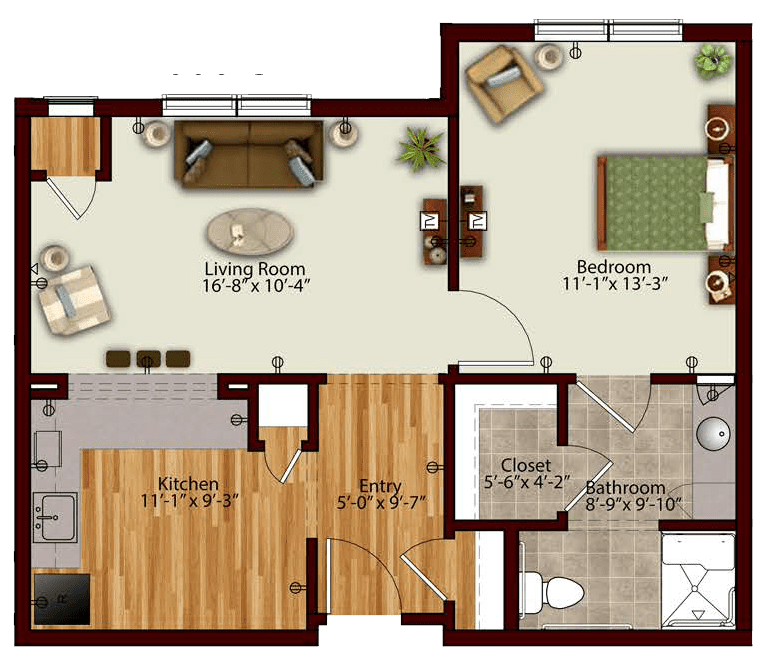 A detailed floor plan of a one-bedroom apartment featuring a living room, kitchen, bathroom, and closet.