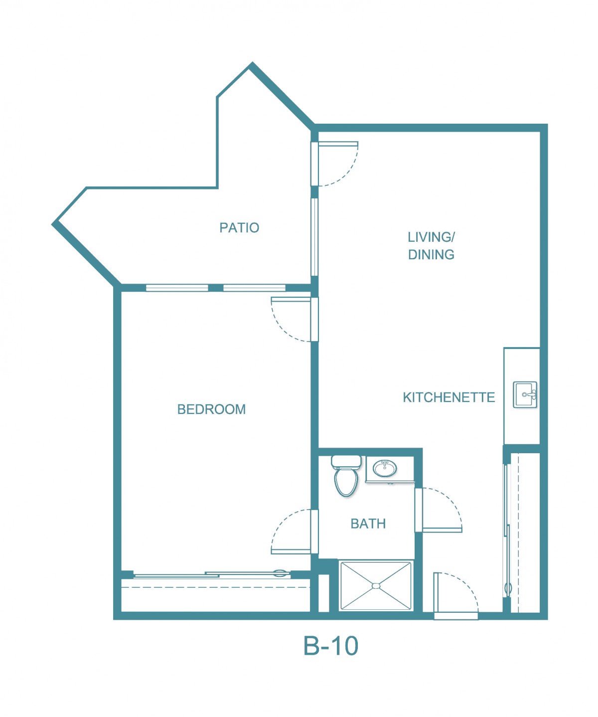 Floor plan of a one-bedroom apartment with a living room, kitchen, bathroom, and patio.