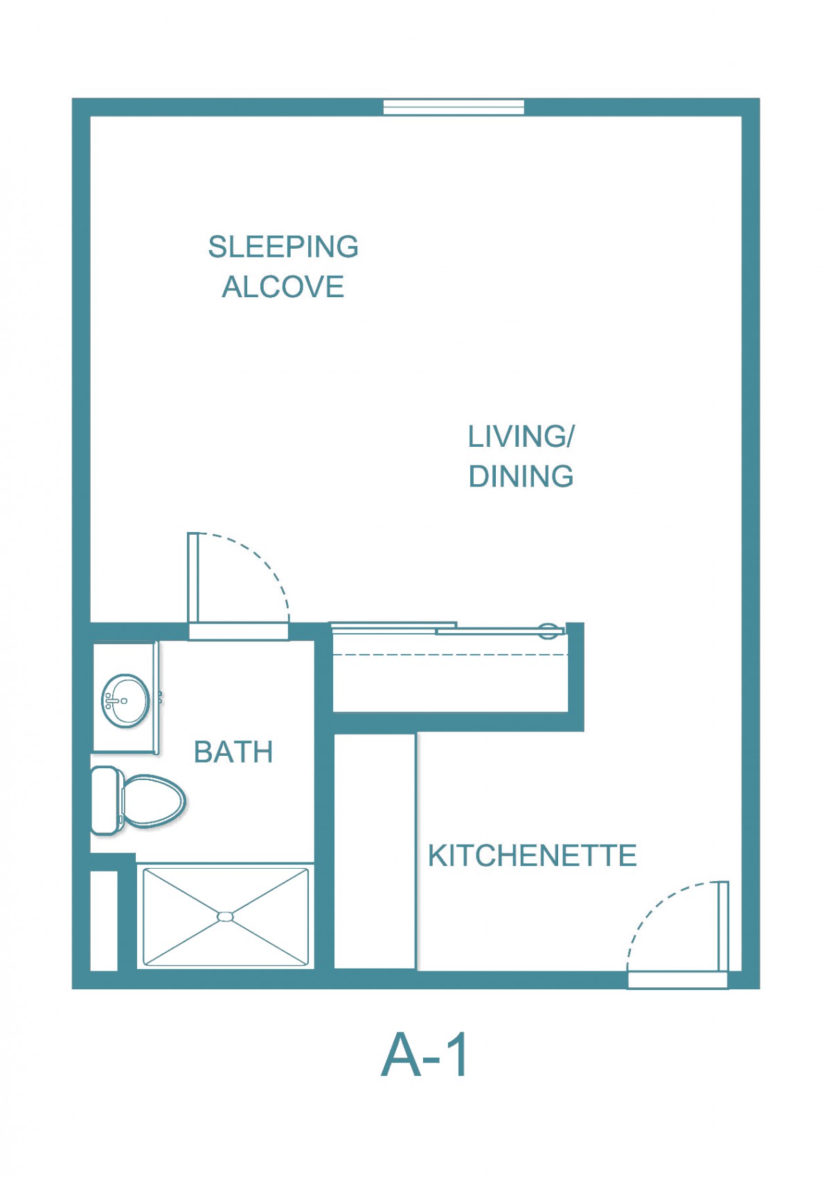 A basic layout of a studio apartment featuring a sleeping alcove, living/dining area, bath, and kitchenette.