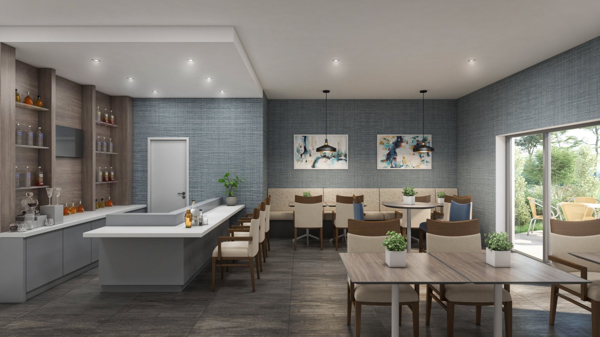 Modern dining area with sleek decor and cozy seating.