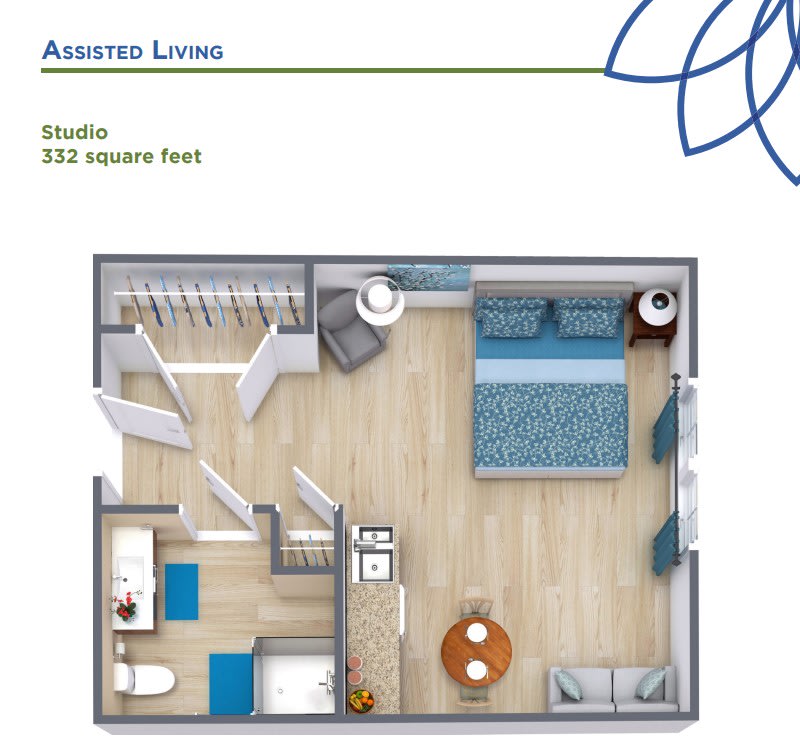 Studio apartment floor plan for assisted living, measuring 392 square feet.