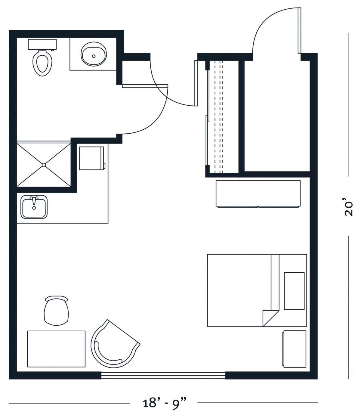 A floor plan of a compact studio apartment featuring a kitchen, bathroom, living area, and sleeping space.