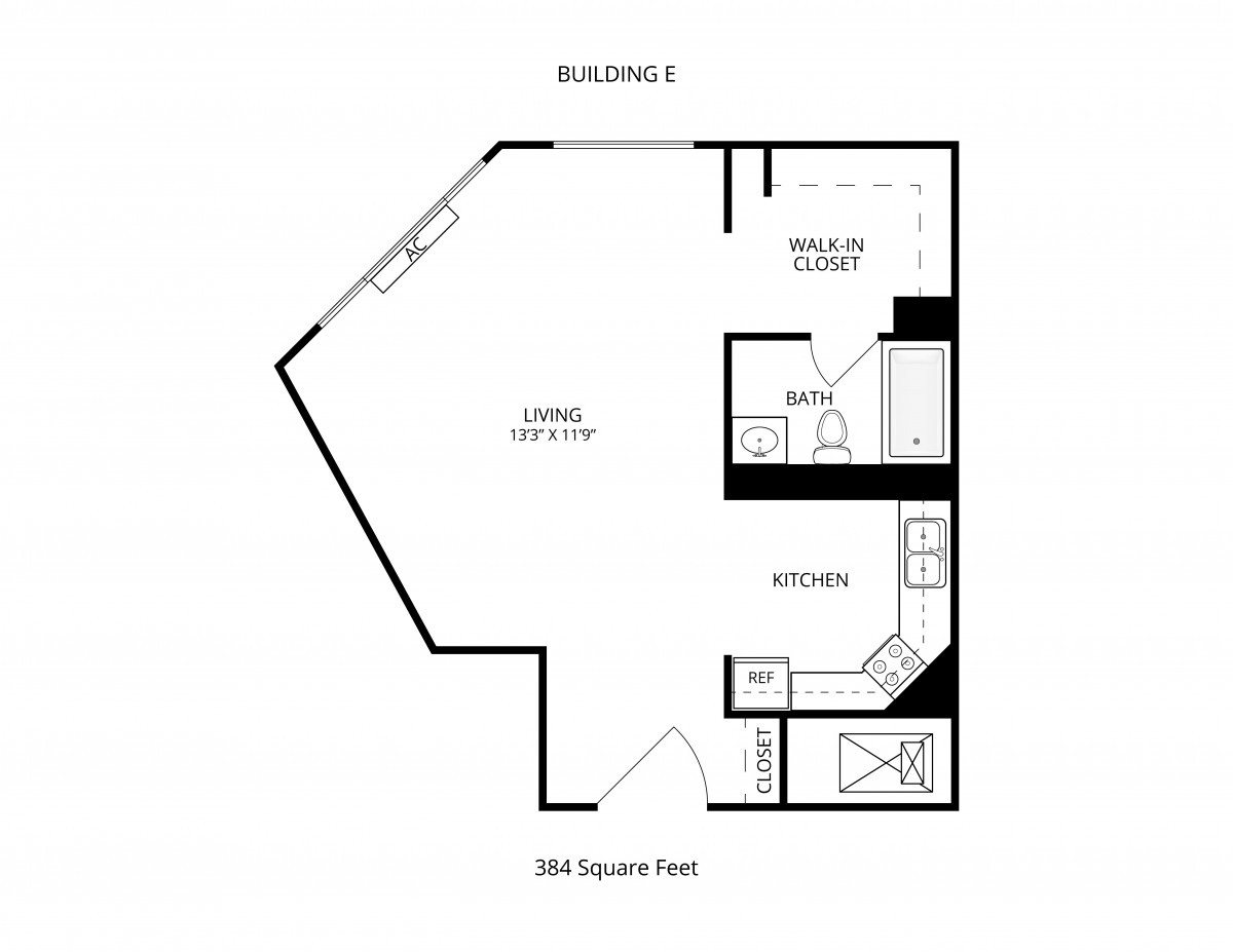 Studio apartment floor plan with a balcony, kitchen, bathroom, and living area.