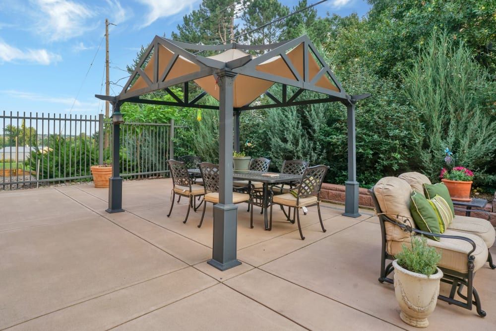 A cozy patio setup featuring a metal gazebo with a dining table and chairs underneath.