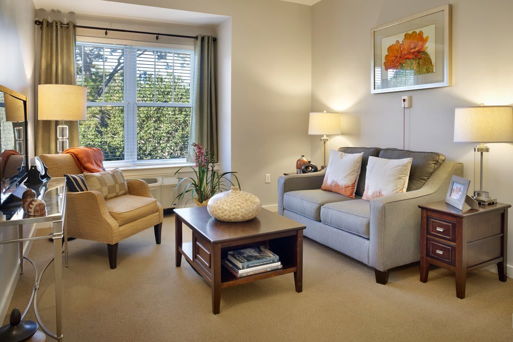 A cozy and well-decorated living room with a large window, comfortable seating, and stylish furnishings.
