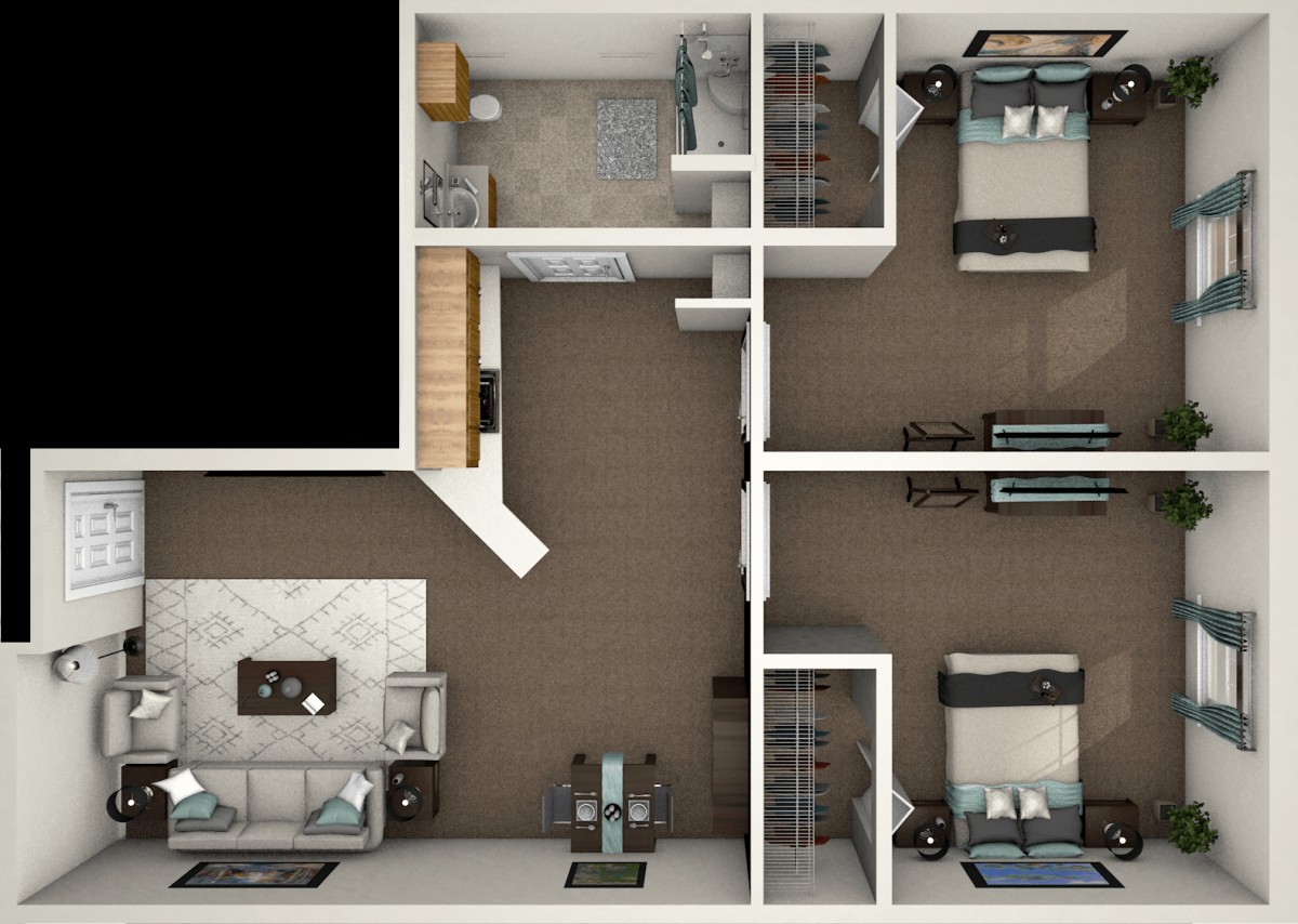 A 3D floor plan of a two-bedroom apartment showing the layout of rooms and furniture.
