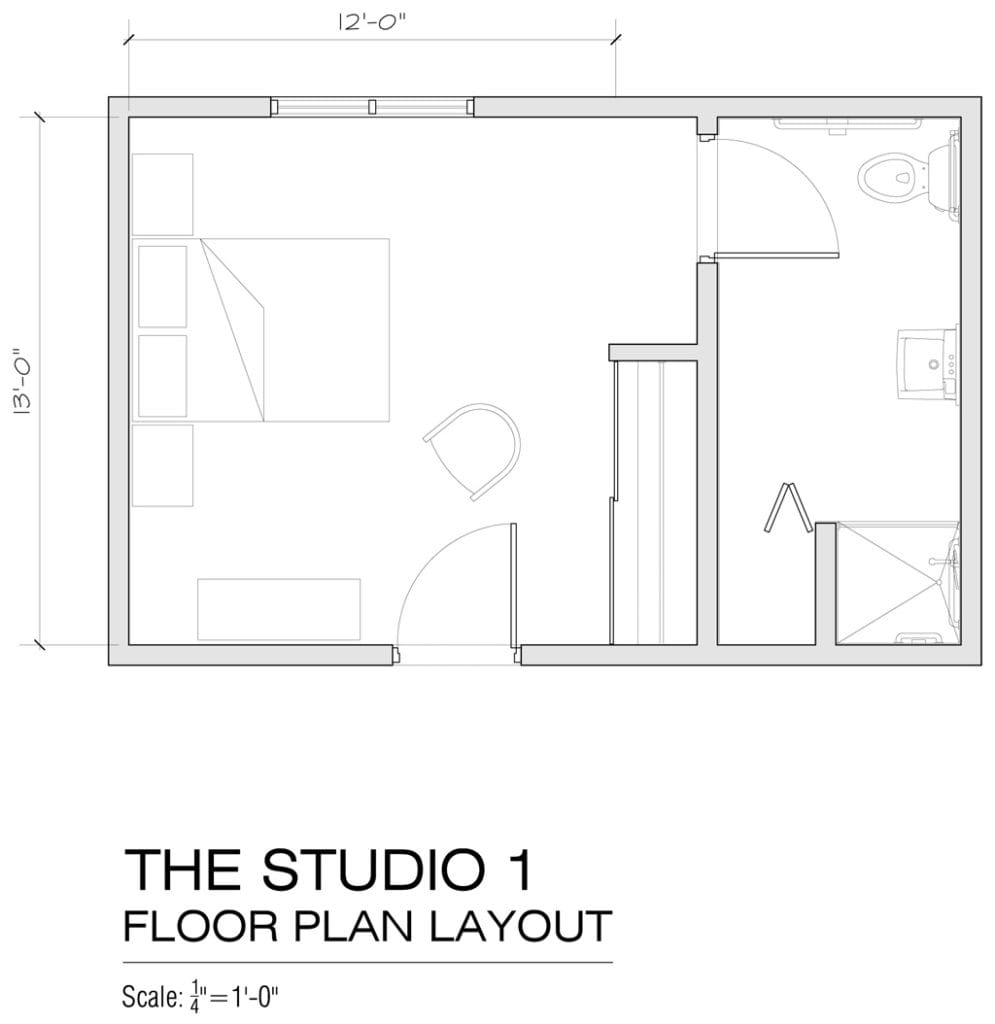 Architectural floor plan layout of a studio apartment.