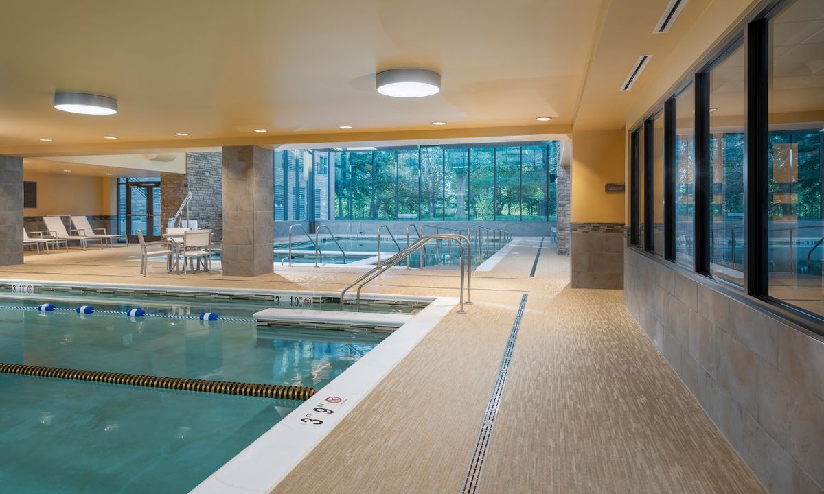 A modern indoor swimming pool with large windows providing natural light.