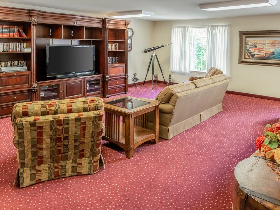 A cozy living room with comfortable seating, a large television, and a telescope by the window.