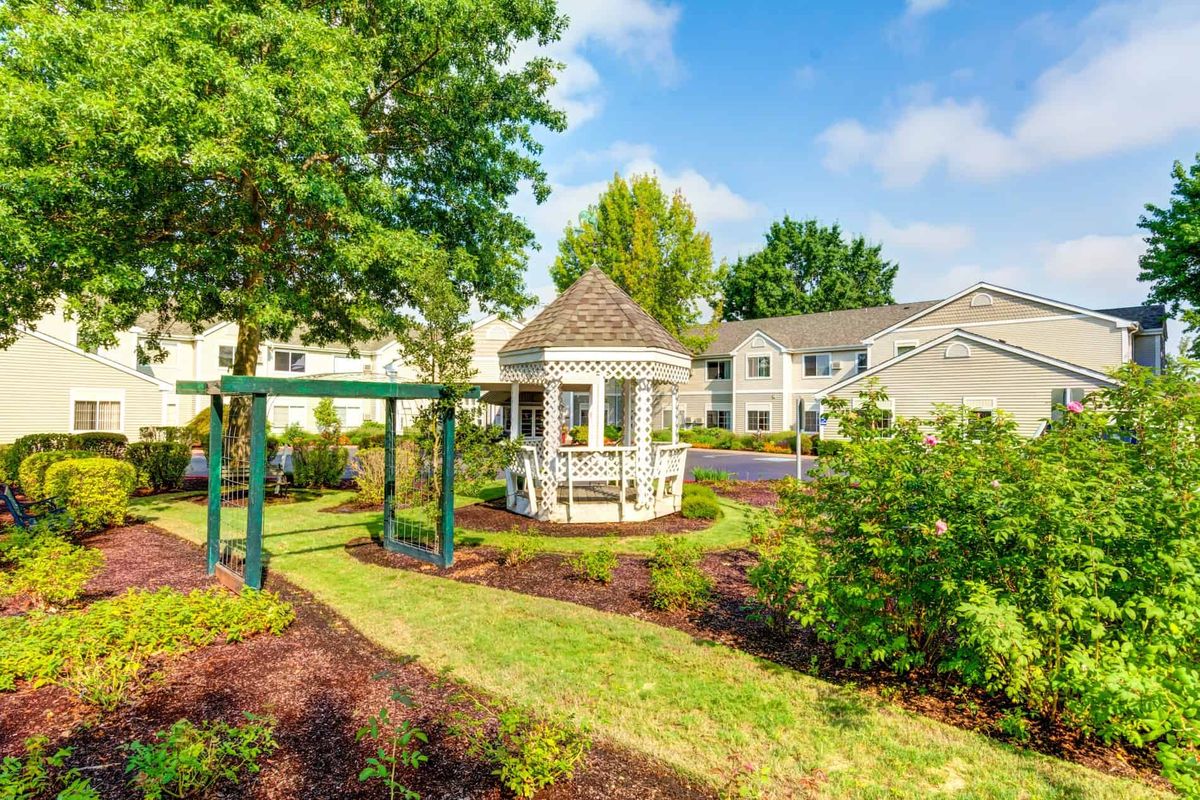A serene garden with a gazebo in a residential area.