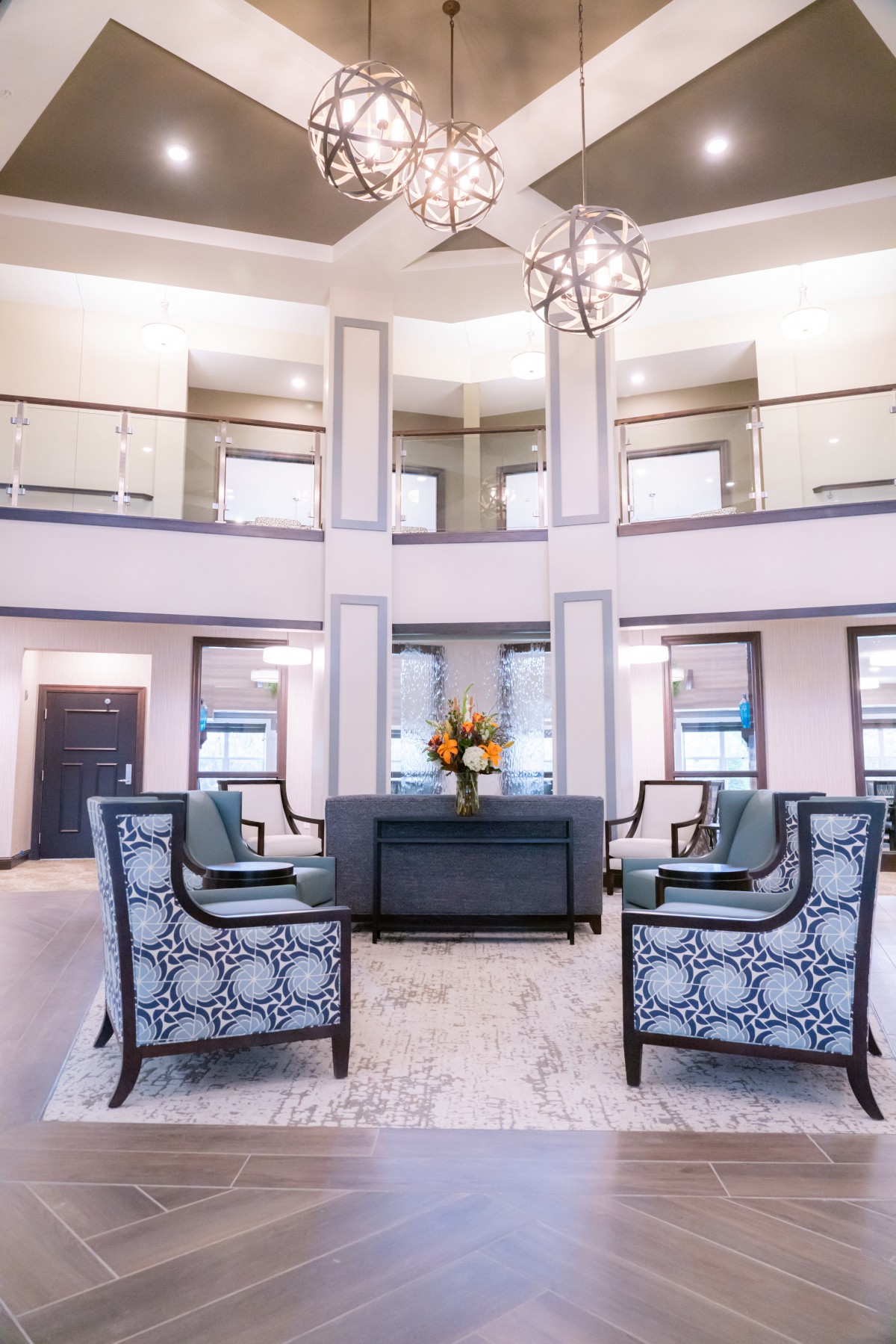 A luxurious and modern lobby with elegant furniture and sophisticated design.