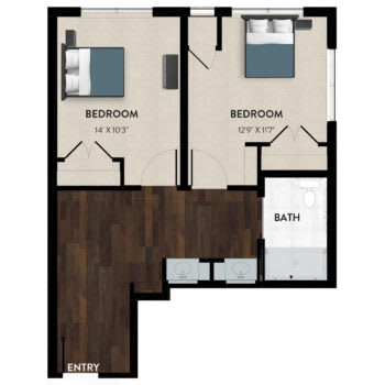 A floor plan featuring two bedrooms and a bathroom.