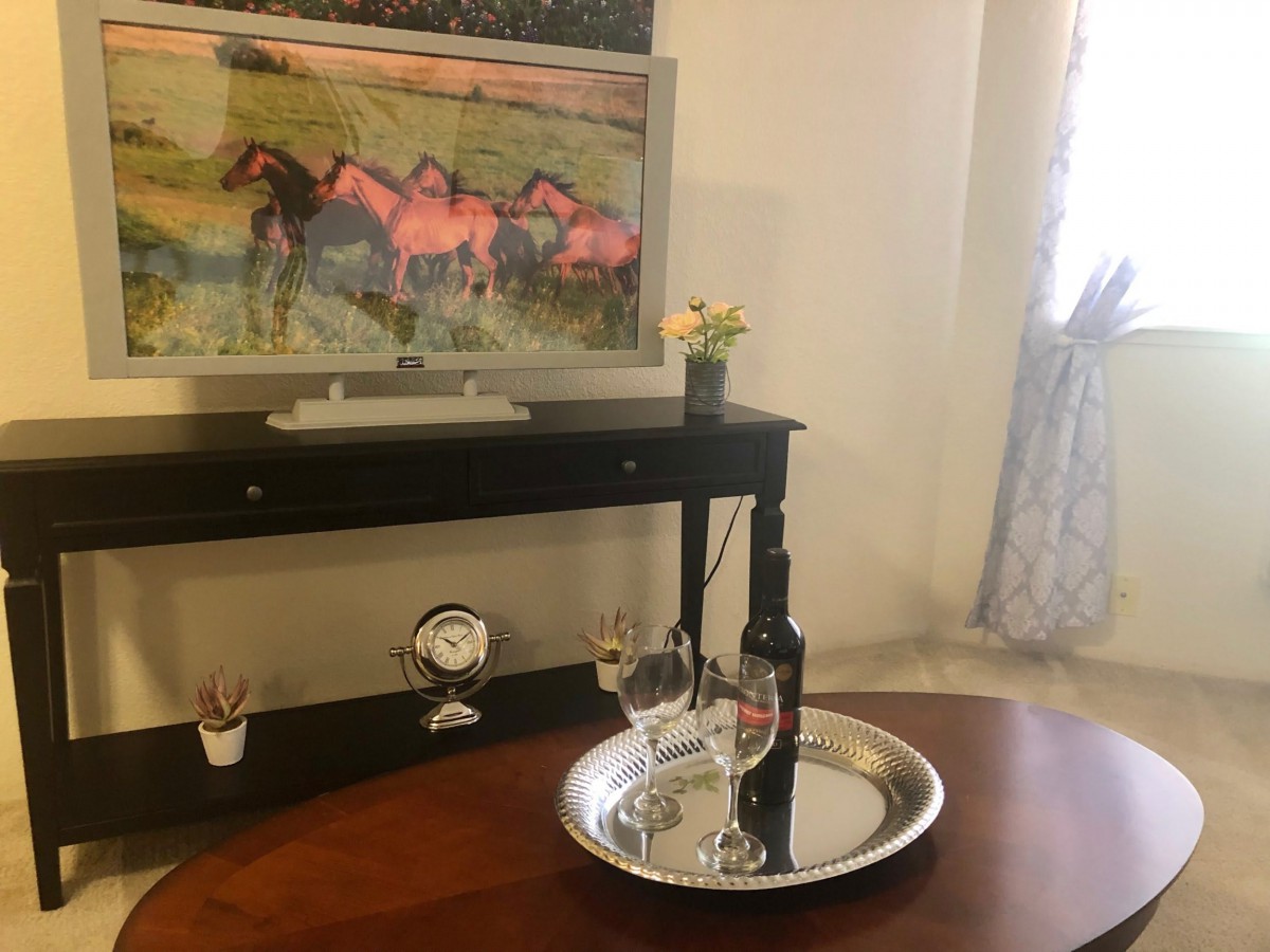 A cozy living room setup featuring a painting of horses on the wall, a TV stand, and a table with a wine set.