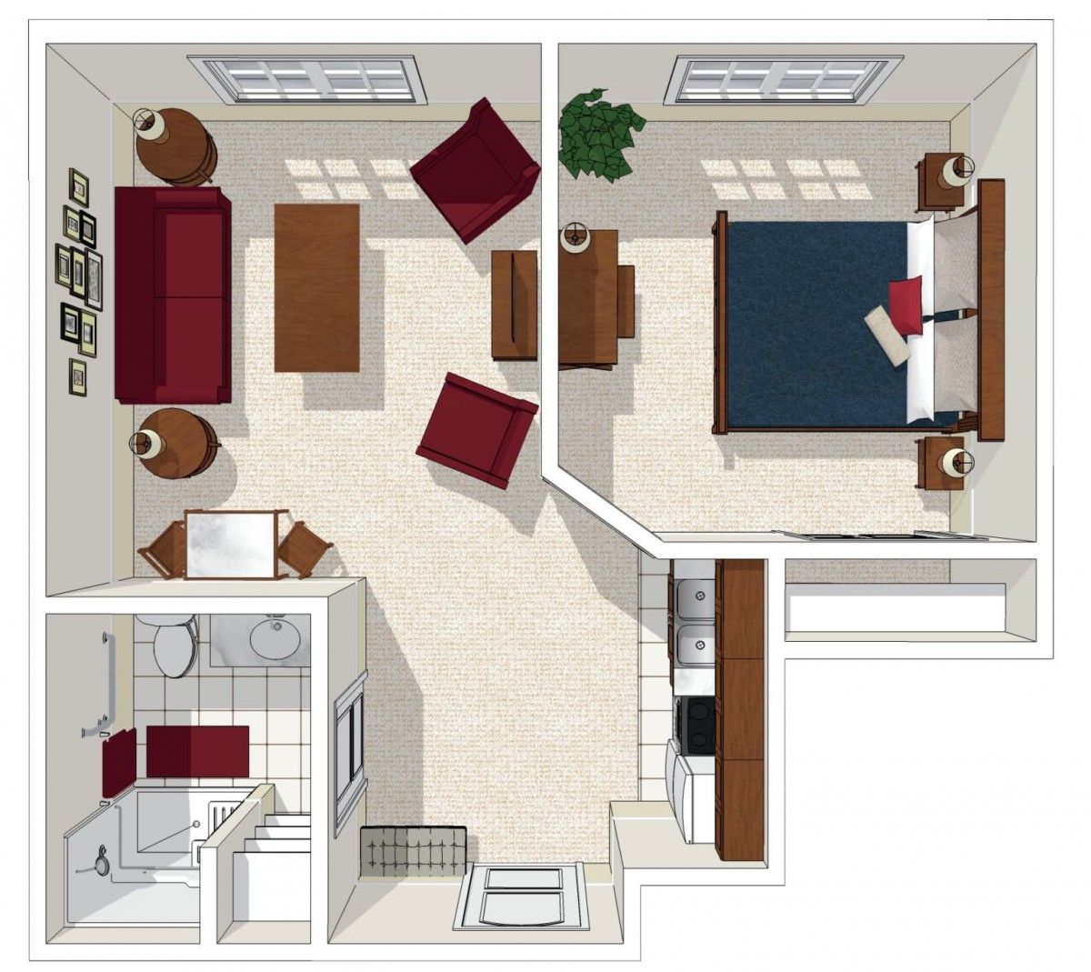 A detailed floor plan of a one-bedroom apartment featuring a living room, kitchen, bedroom, and bathroom.