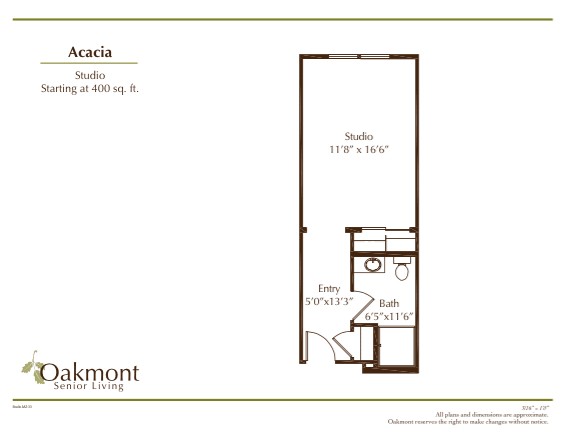 A floor plan of a studio apartment named Acacia, featuring a living area, kitchenette, and bathroom.