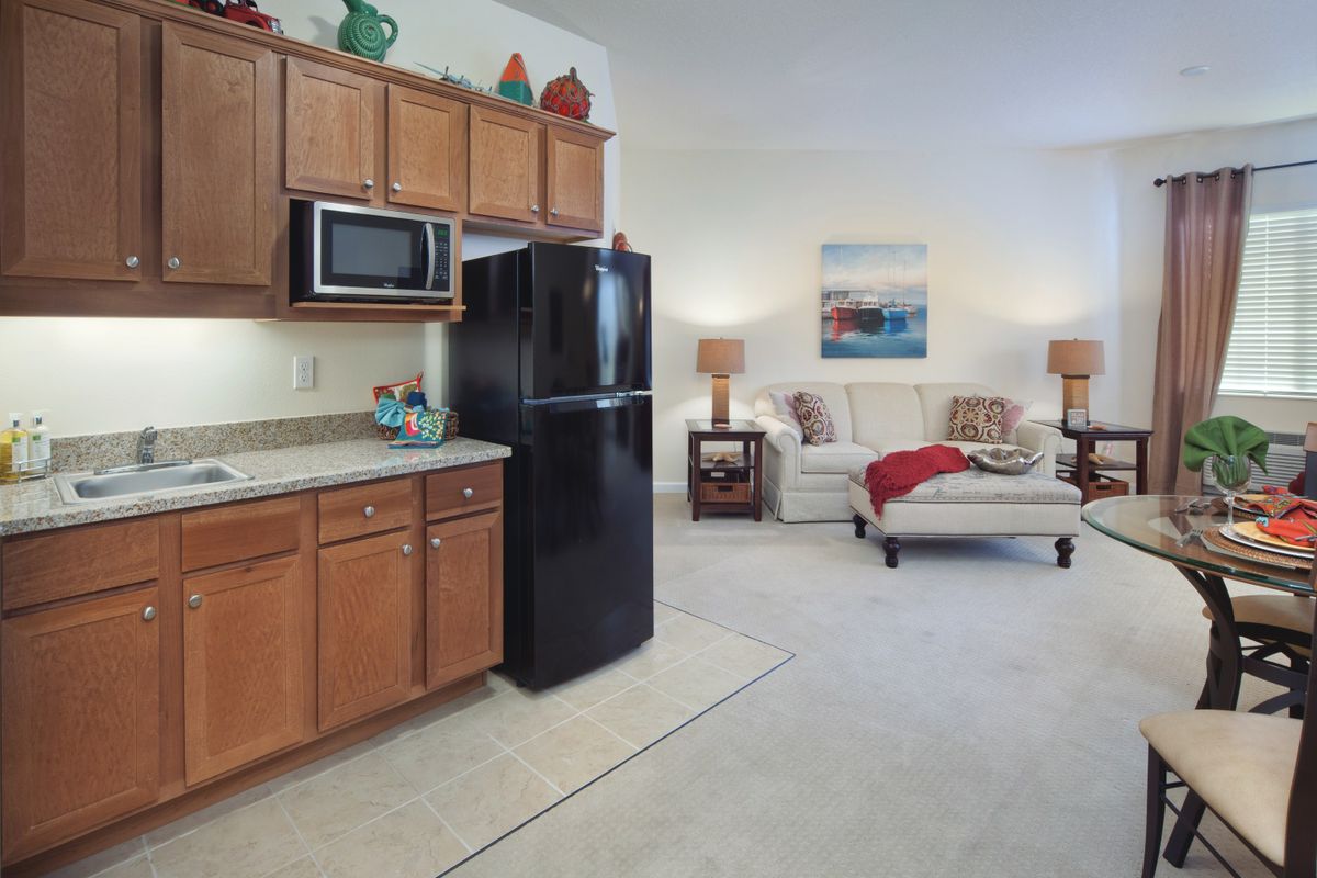 An open-concept kitchen and living area with modern appliances and cozy seating.