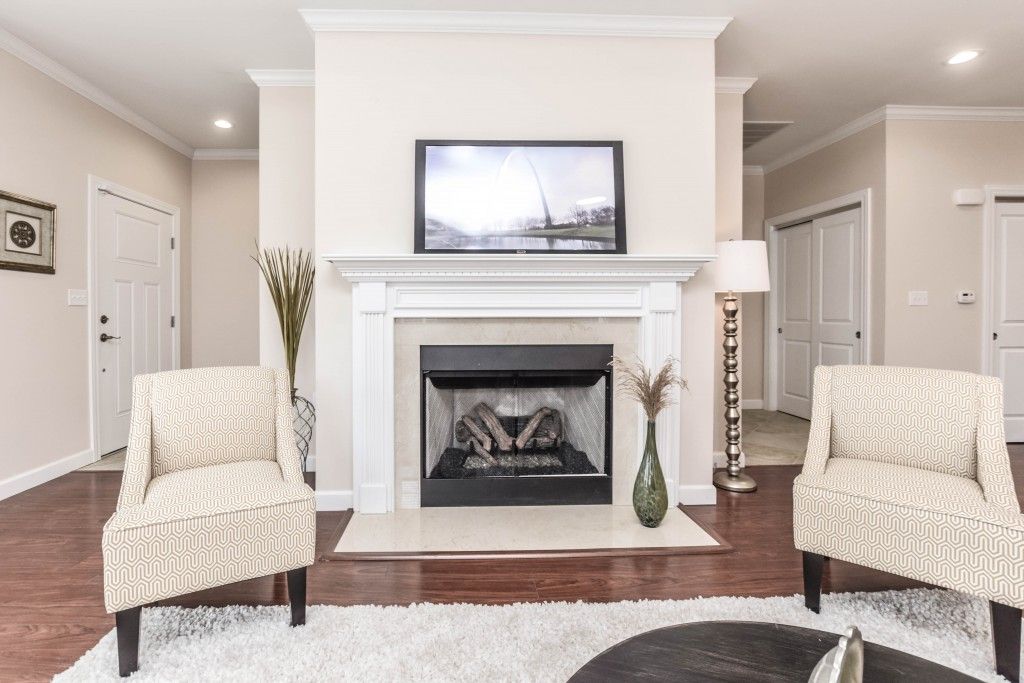 A modern living room with a fireplace, featuring elegant furniture and decor.