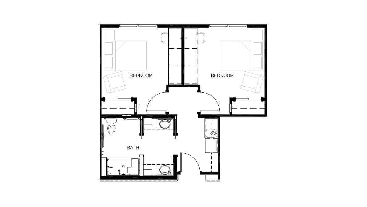 A simple floor plan featuring two bedrooms and a bathroom.