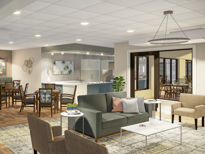 A modern living room with comfortable seating and elegant lighting.