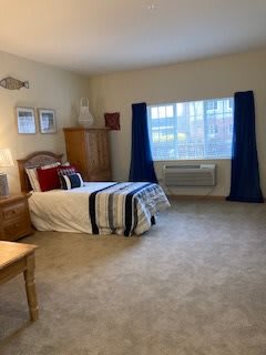 A cozy bedroom with a single bed, blue curtains, and carpeted floor.
