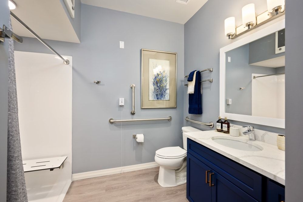 A modern and accessible bathroom featuring a shower, toilet, sink, and mirror with grab bars for safety.